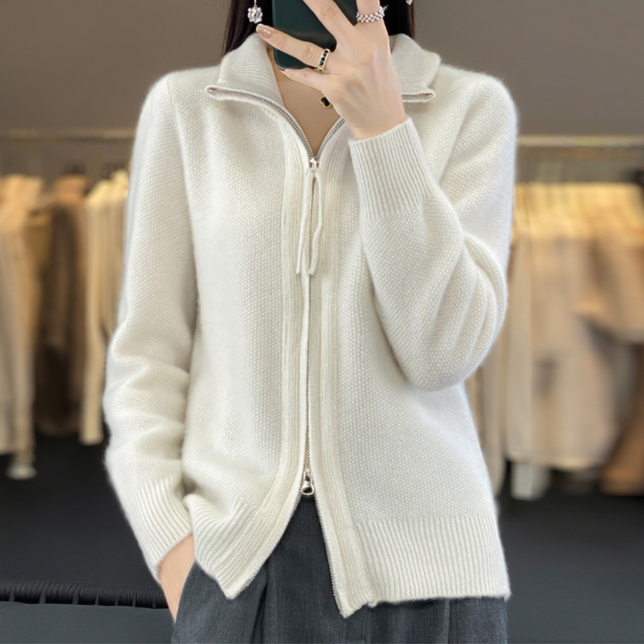 Cream zip-front knit sweater with zipper front and drawstring