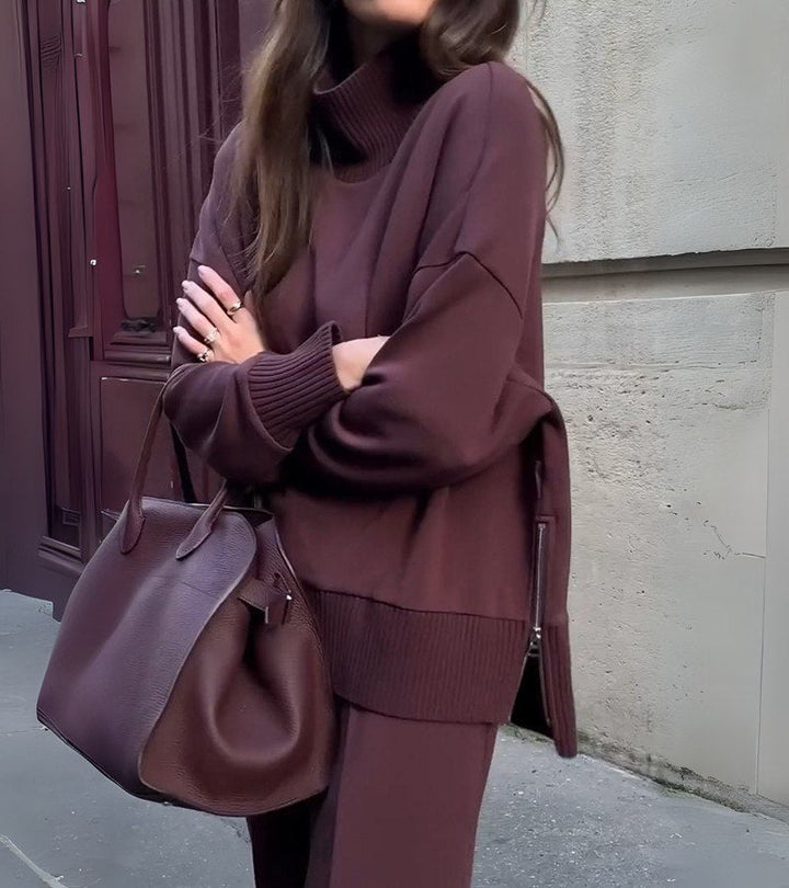 Burgundy high-neck knit top and wide-leg pants two-piece set, relaxed long sleeves.