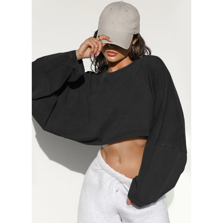 Women’s cropped pullover sweatshirt, black crew neck with long sleeves
