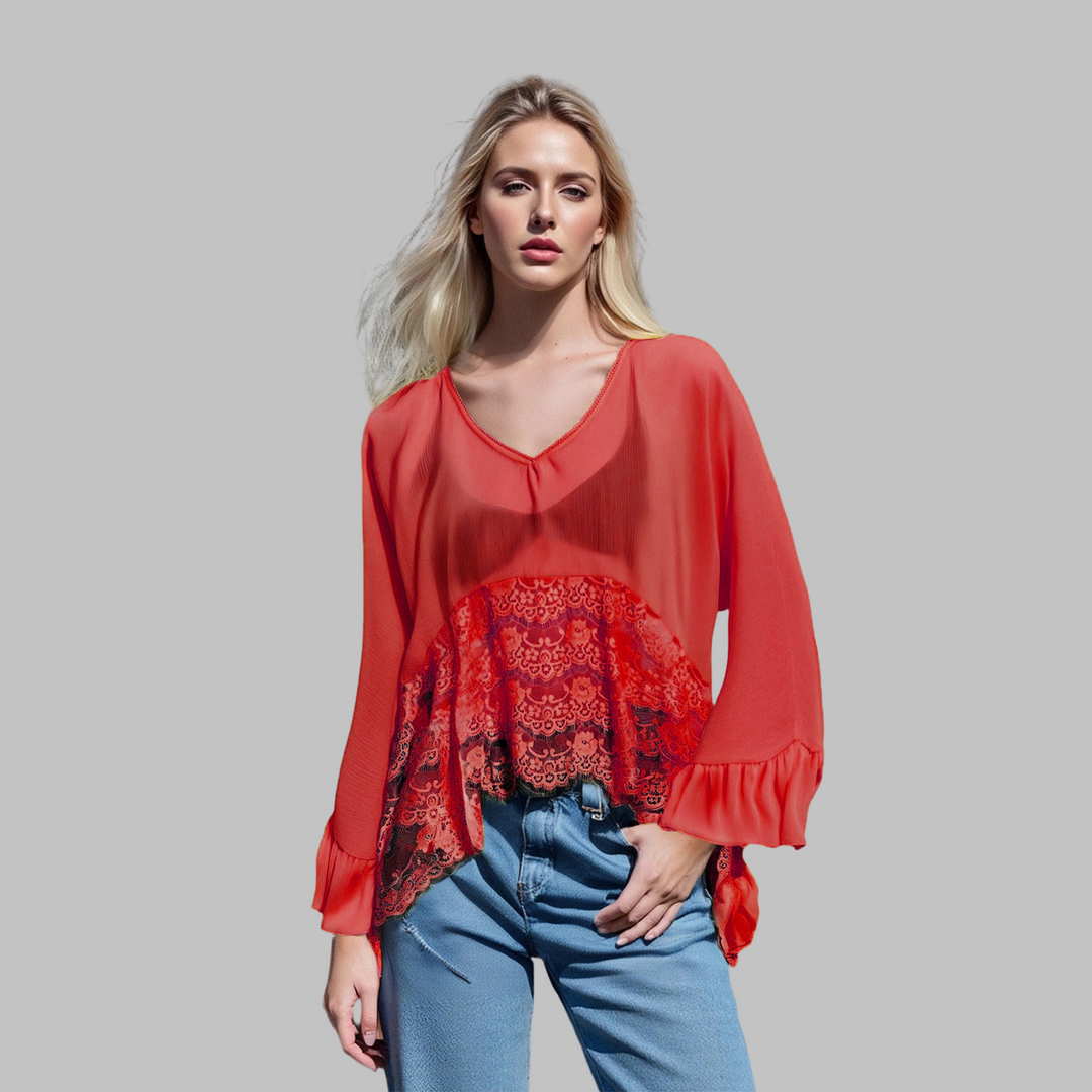 Red V-neck batwing cover-up top with lace panel and gathered bell cuffs