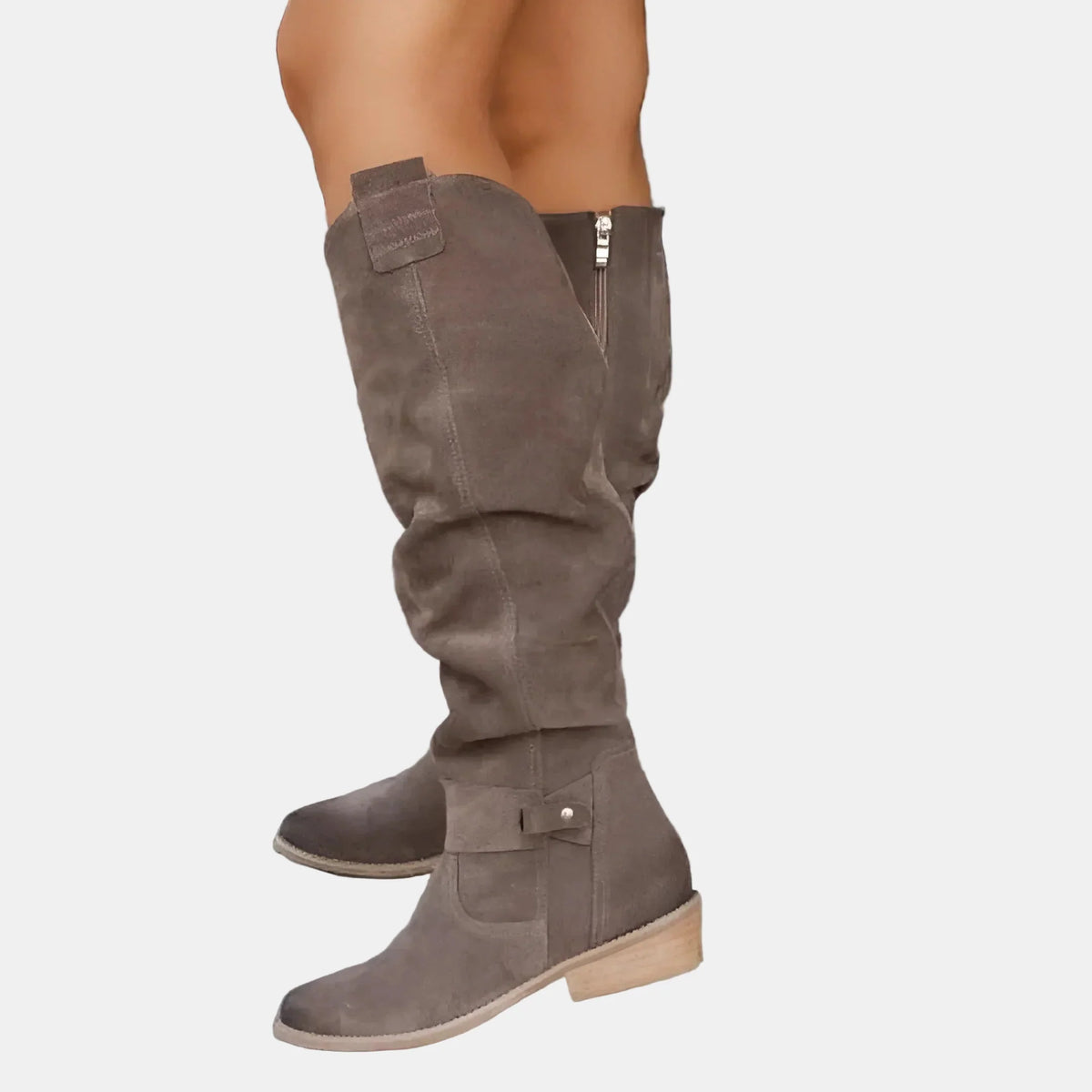 Dark brown suede low-heeled mid-calf boots with side zip and buckle strap