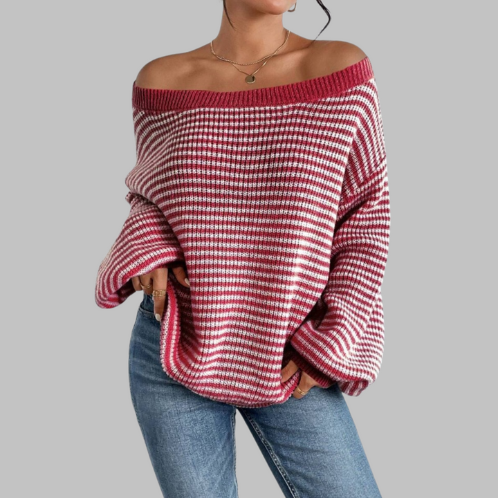 Striped drop-shoulder long-sleeve sweater, off-shoulder neckline, red and white