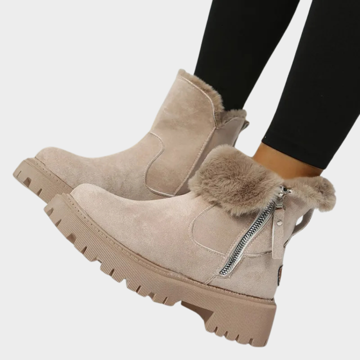 Khaki suede orthopedic boot with faux fur collar, side zipper, lug sole