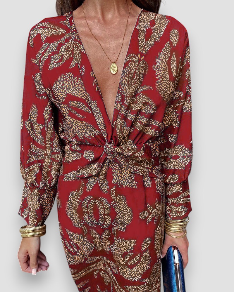 Red V-neck long-sleeve dress with knot-tie waist and leaf pattern
