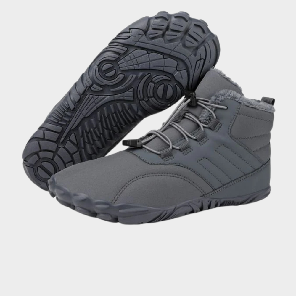 Non-slip waterproof shoes, dark gray lace-up boot with fleece lining and rugged tread sole