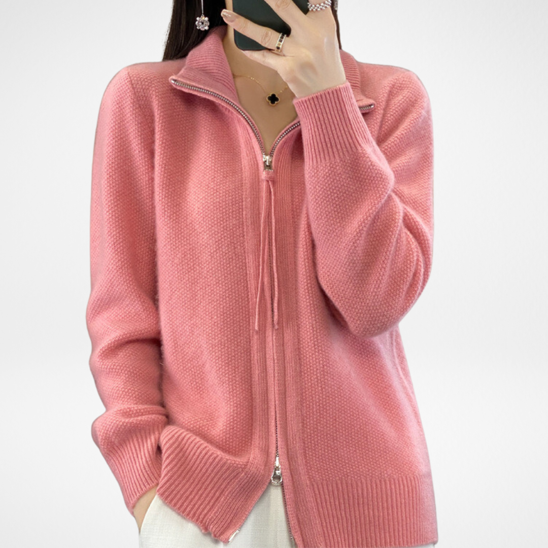 Pink zip-front knit sweater with ribbed stand collar