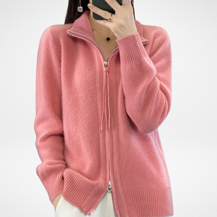 Pink zip-front knit sweater with ribbed stand collar