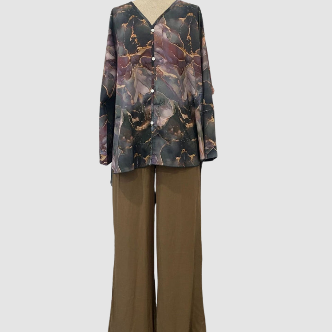 Printed blouse and wide-leg pants set with abstract floral print and button front, brown trousers