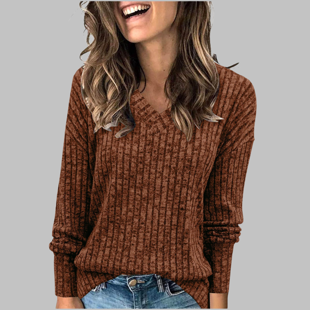 Brown V-neck long-sleeve casual sweater with ribbed knit texture