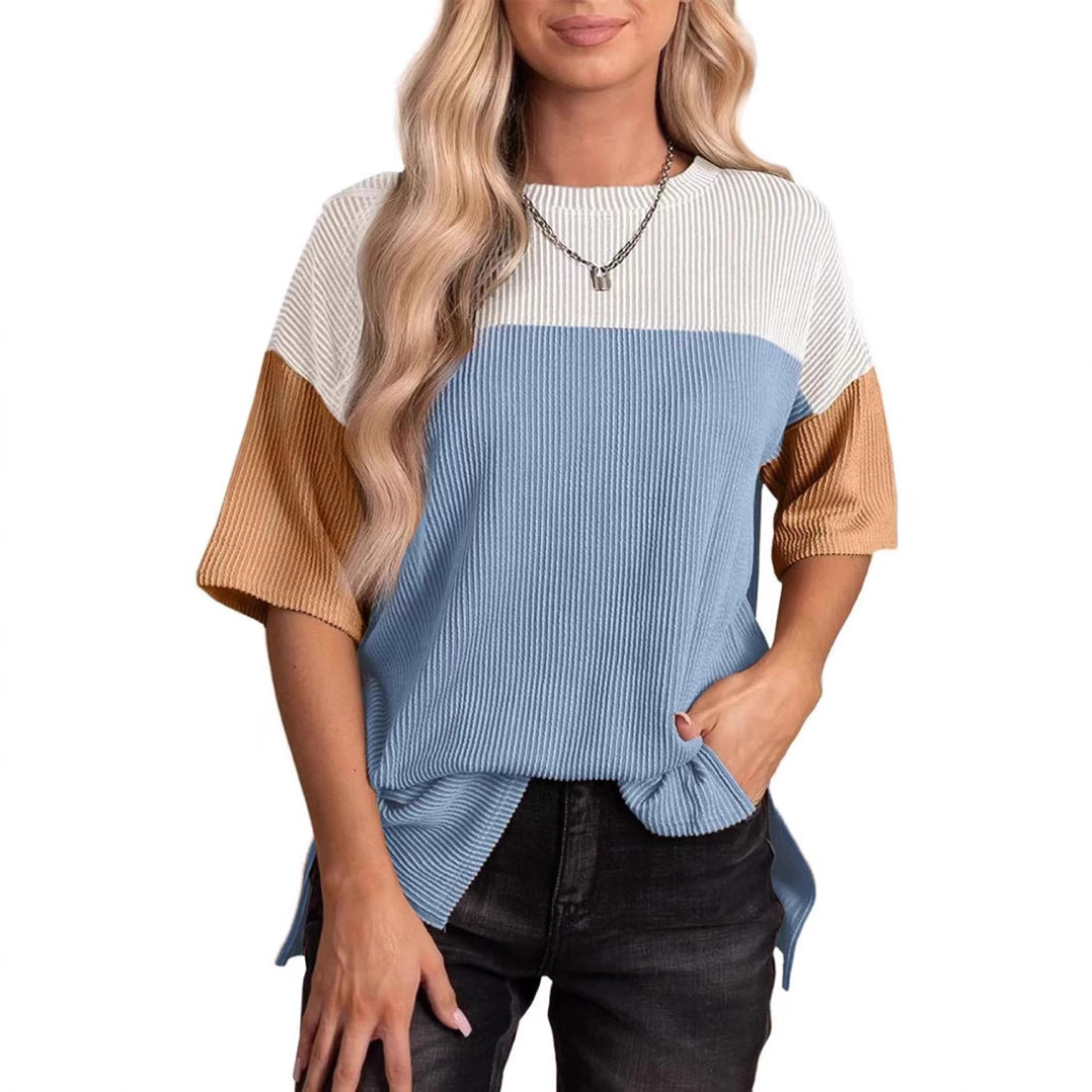 Beige and blue color-block striped summer top, ribbed round neck, short sleeves