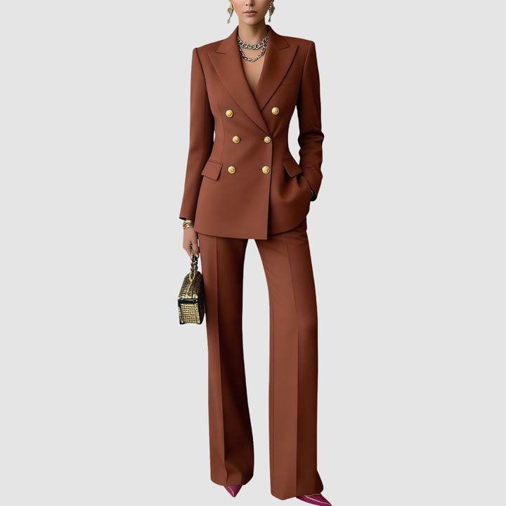 Tailored blazer and trousers set, rust brown with gold double-breasted buttons