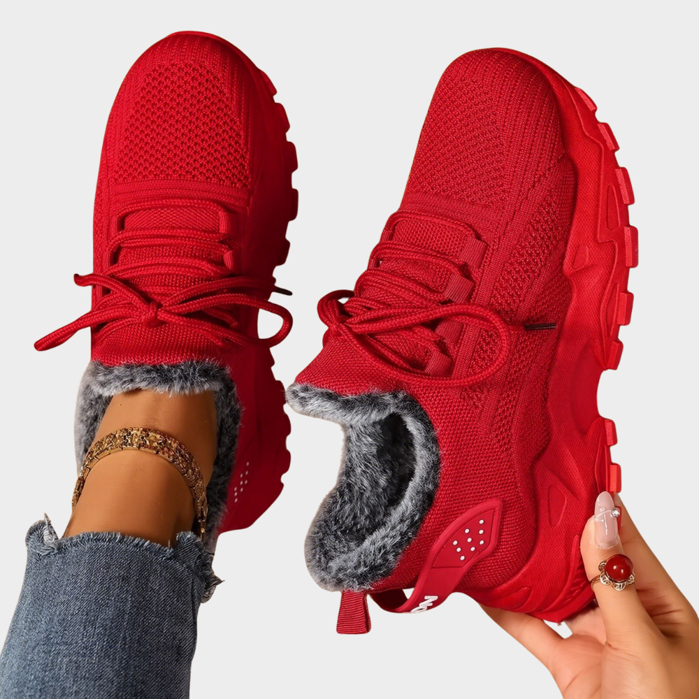 Casual lace-up lightweight sneakers, red knit upper with faux-fur cuff and chunky sole