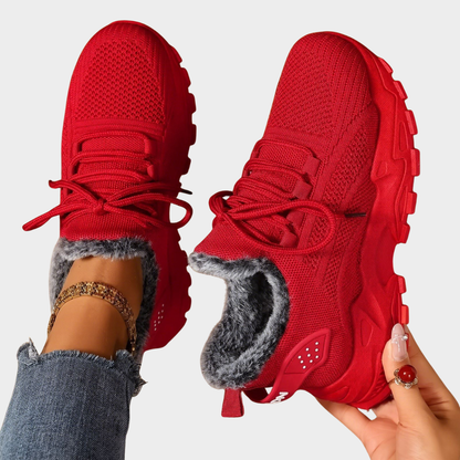 Casual lace-up lightweight sneakers, red knit upper with faux-fur cuff and chunky sole