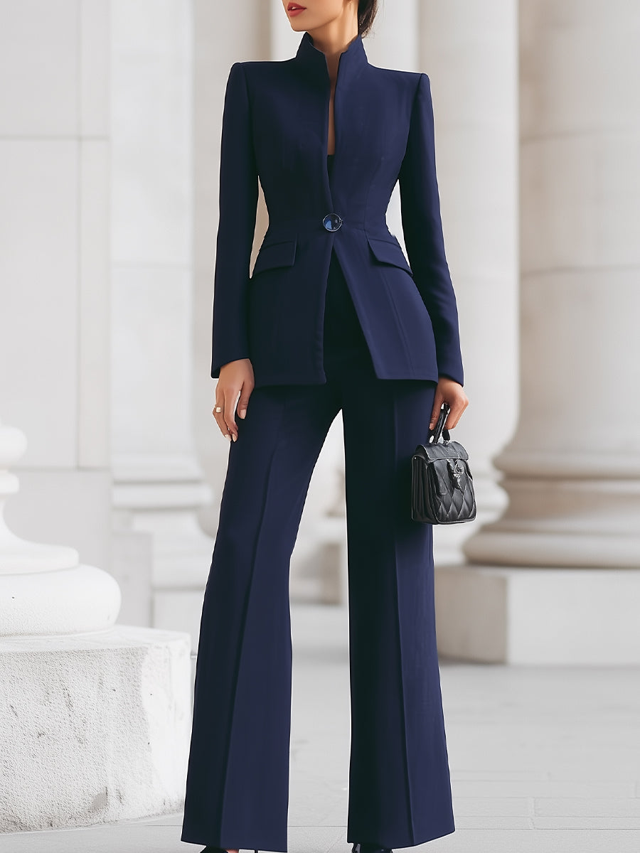 Navy tailored blazer and wide-leg trousers two-piece set with buttoned waist detail