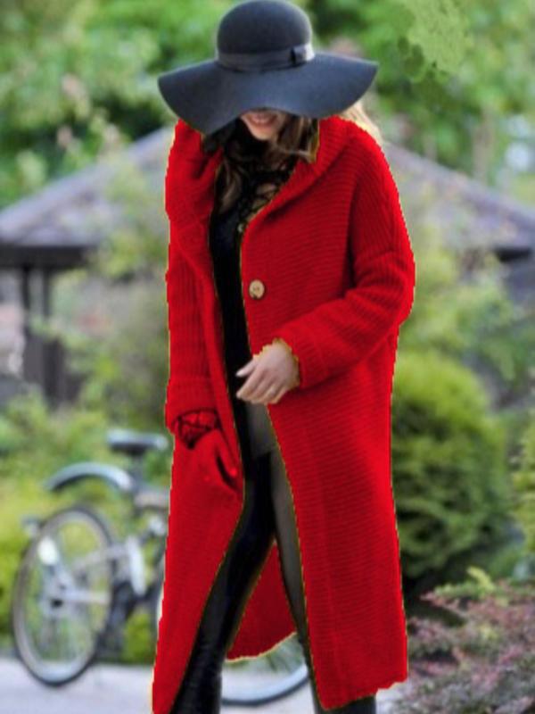 Red textured hooded cardigan, long button-front with drop shoulders and patch pockets