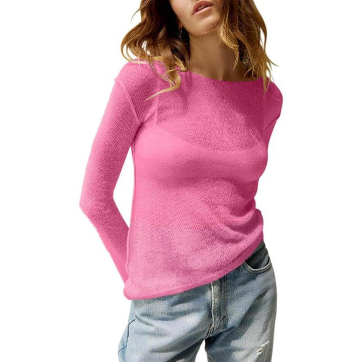Pink sheer long-sleeve top with wide neckline and draped relaxed fit