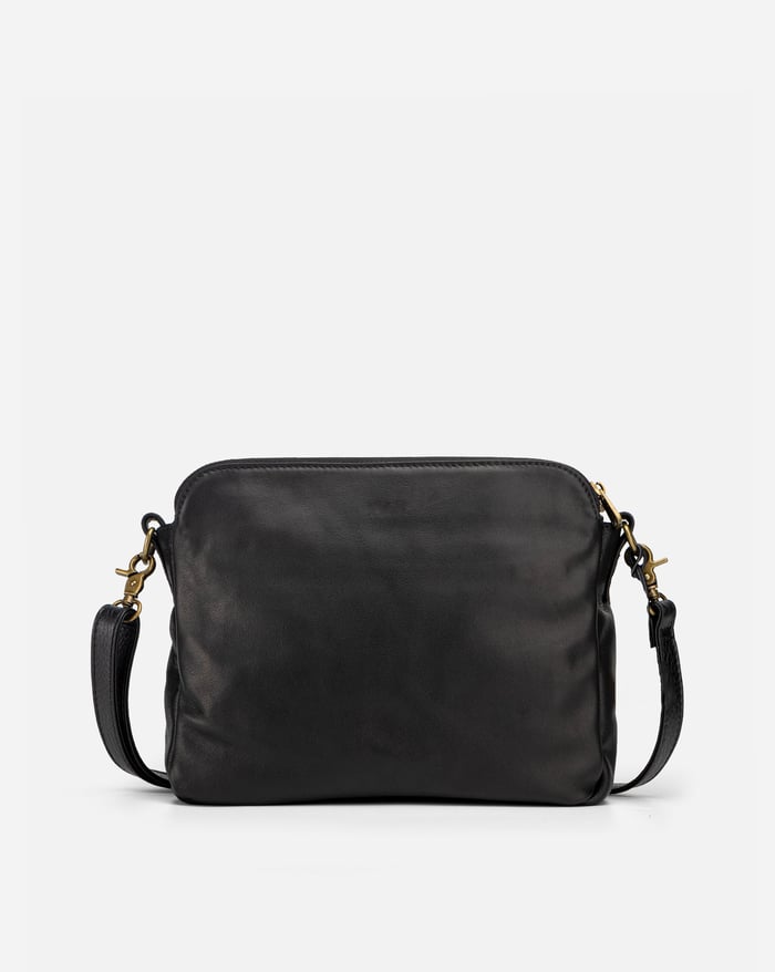 Jovie sleek three-layer crossbody bag in black with zip top and crossbody strap