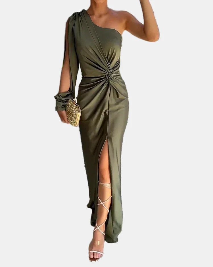 Olive one-shoulder long evening dress with twisted draped bodice and side slit