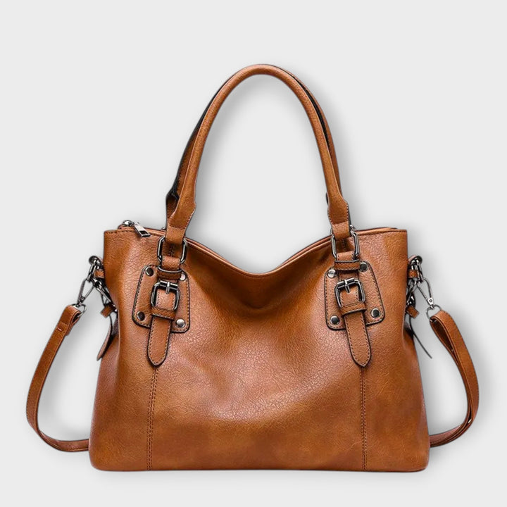Mia elegant shoulder bag in brown with double handles and side crossbody straps