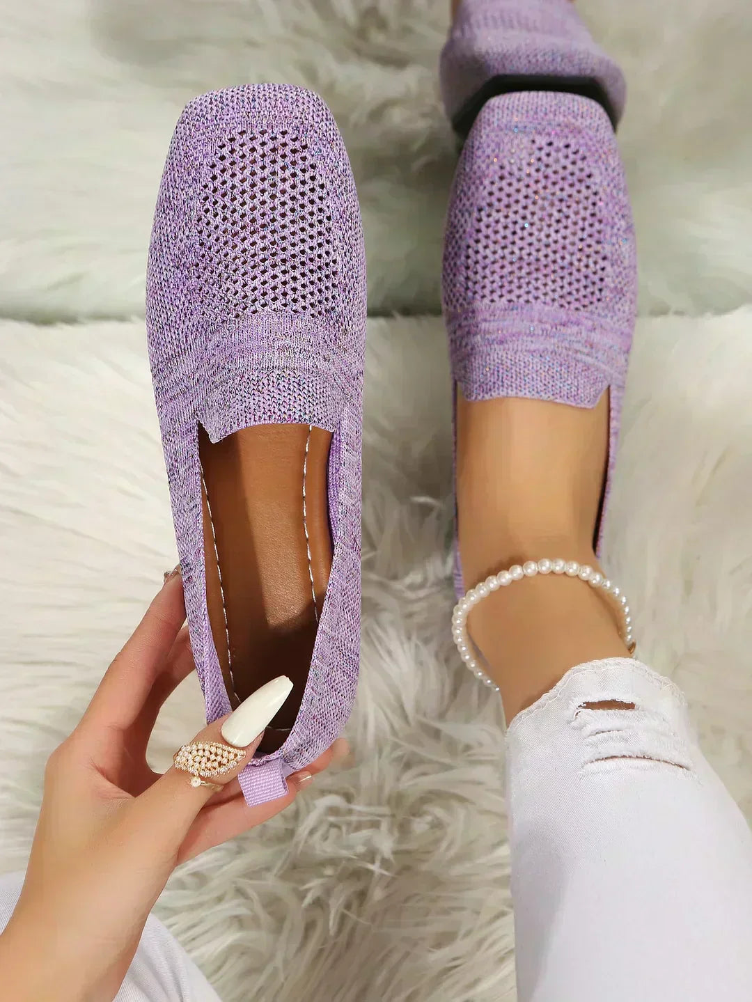 Purple knit slip-on orthopedic shoes with pearl ankle strap and low heel