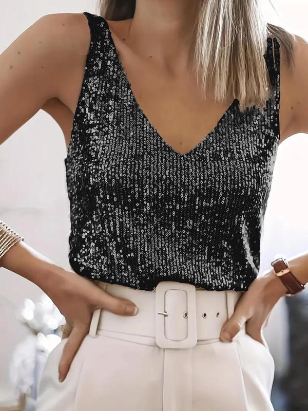 Black sequin sleeveless V-neck glitter top with draped front and wide shoulder straps