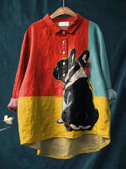 Long sleeve button-up shirt with dog graphic, red-yellow-blue color blocks