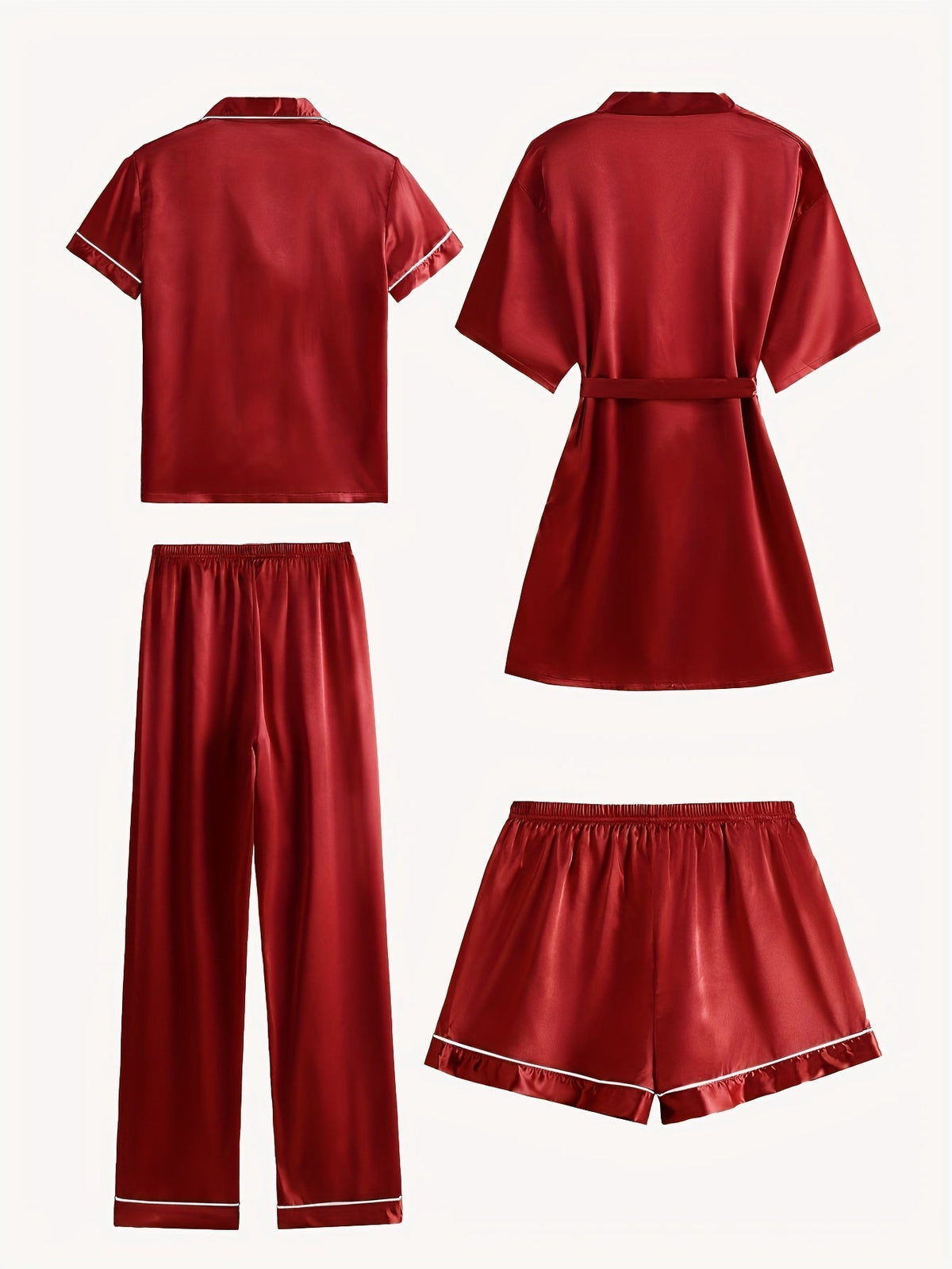 Red satin pajama set showing back views: top, robe, elastic pants, and shorts