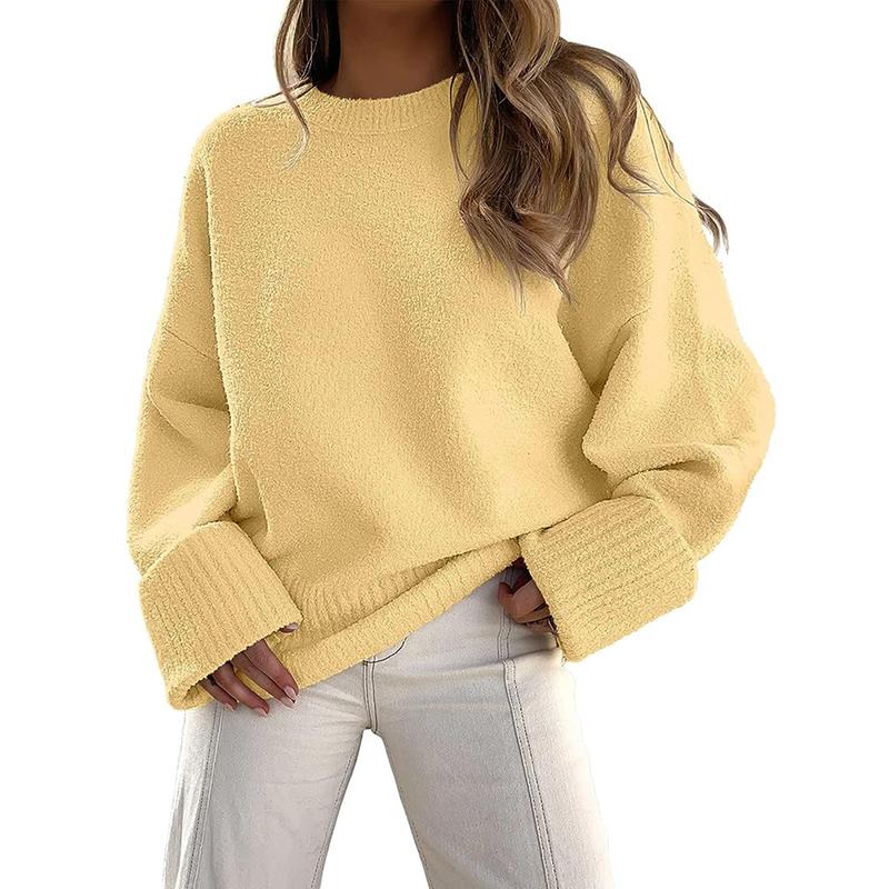 Yellow crewneck long-sleeve pullover sweater with ribbed cuffs and hem
