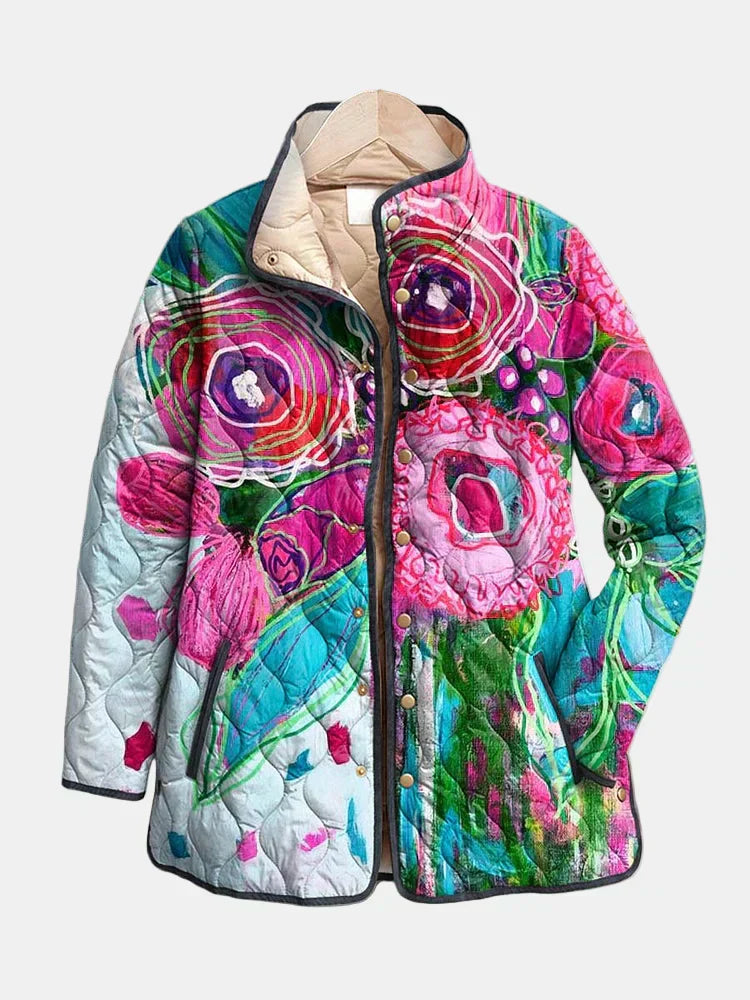 Multicolor floral patterned quilted jacket with full front zipper and stand collar