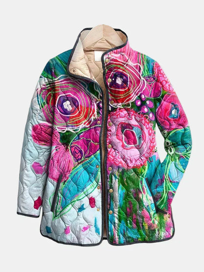 Multicolor floral patterned quilted jacket with full front zipper and stand collar