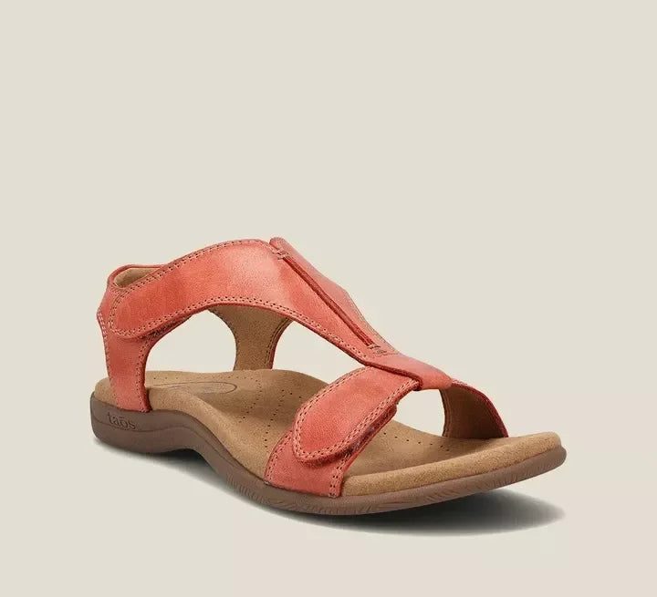 Red orthopedic sandals with open toe and two straps