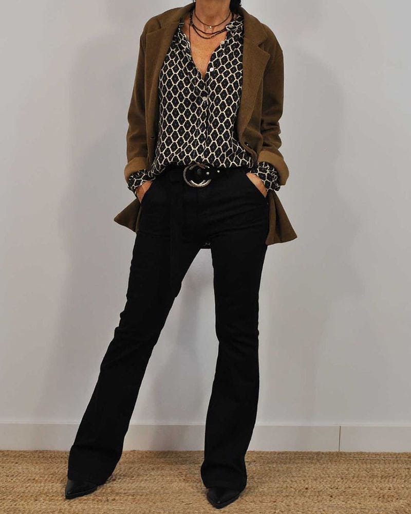 Geometric V-neck blouse with long sleeves, black and yellow lattice print