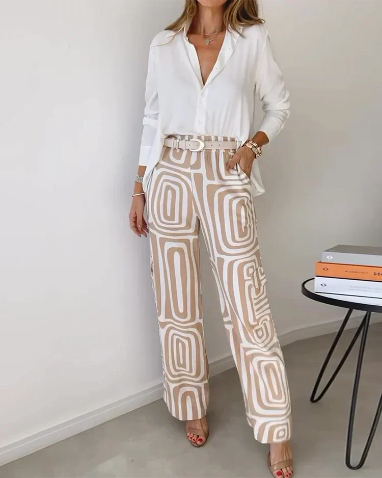 Two-piece set with white button-front blouse and khaki abstract-pattern trousers with belt