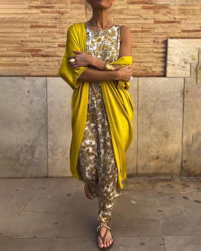 Yellow two-piece set: sleeveless leopard-print maxi dress with matching lightweight cardigan