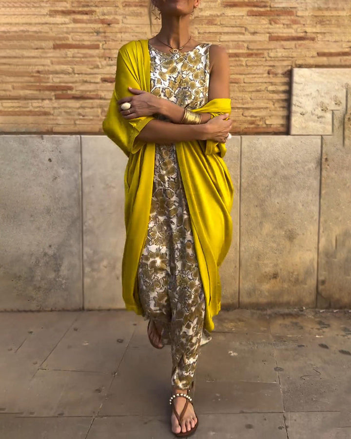 Yellow two-piece set: sleeveless leopard-print maxi dress with matching lightweight cardigan