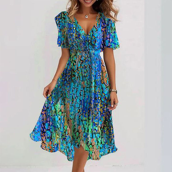 Jolie breezy midi dress with V-neck, ruffled puff sleeves, and multicolor tiered pattern