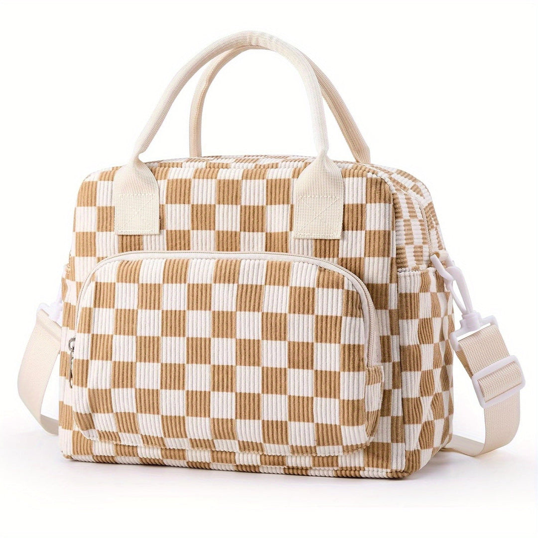 Tan and white check organizer tote bag with zip front pocket and adjustable strap