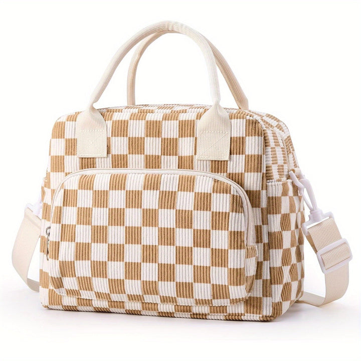 Tan and white check organizer tote bag with zip front pocket and adjustable strap