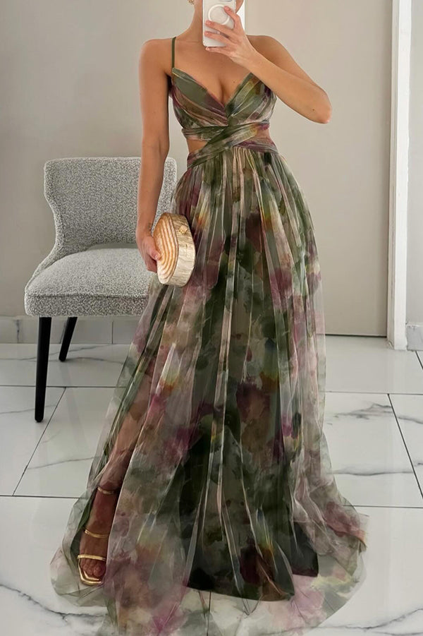 Green-toned multicolor maxi dress with V-neck bodice and pleated tulle skirt
