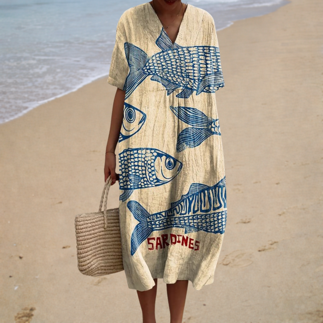 Beige summer dress with blue fish print, V-neck and short sleeves, knee length