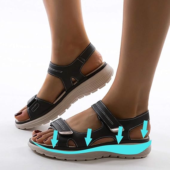 Black orthopedic sandals with adjustable straps and cushioned wedge sole