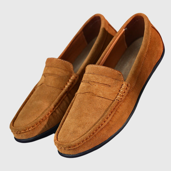 Tan suede orthopaedic loafers with slip-on penny strap and contrast stitching