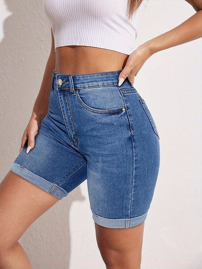 Light blue stretch-fit denim bermuda shorts with button fly and rolled hem