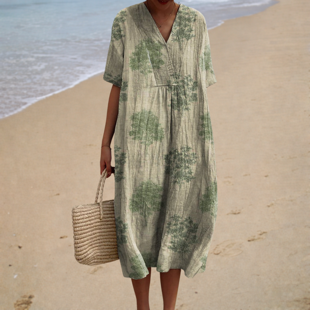 Women's summer dress in light green floral tie-dye, V-neck, short sleeves, gathered waist