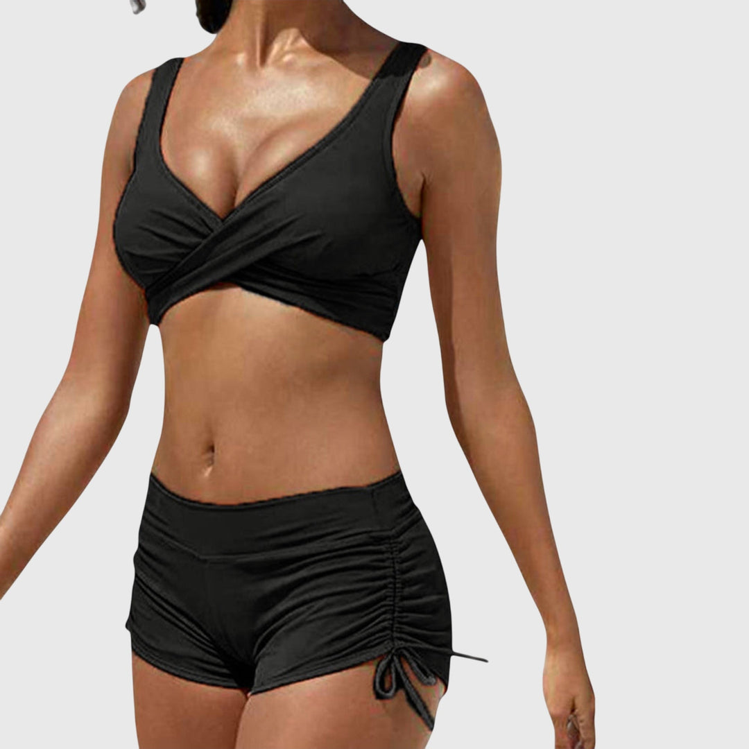 Black bikini set with V-neck wrap bra and ruched side-drawstring swim shorts