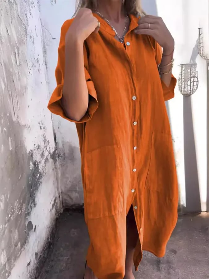 Button-front midi dress, orange with short sleeves and long side slit