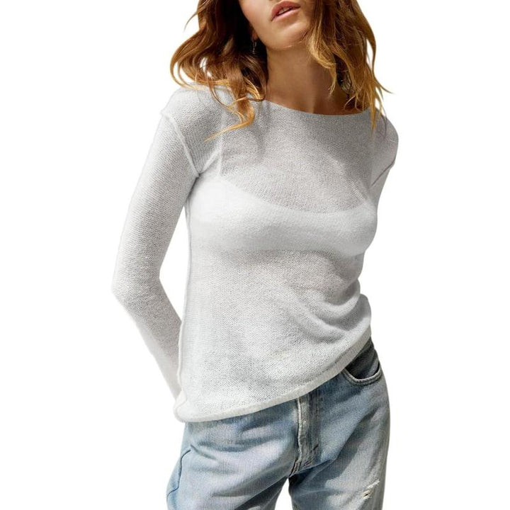 White sheer long-sleeve top with wide neckline and relaxed, lightweight drape