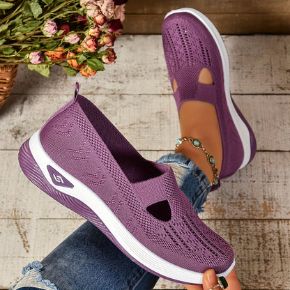 Purple knit slip-on orthopedic shoes with side cutouts and white sole