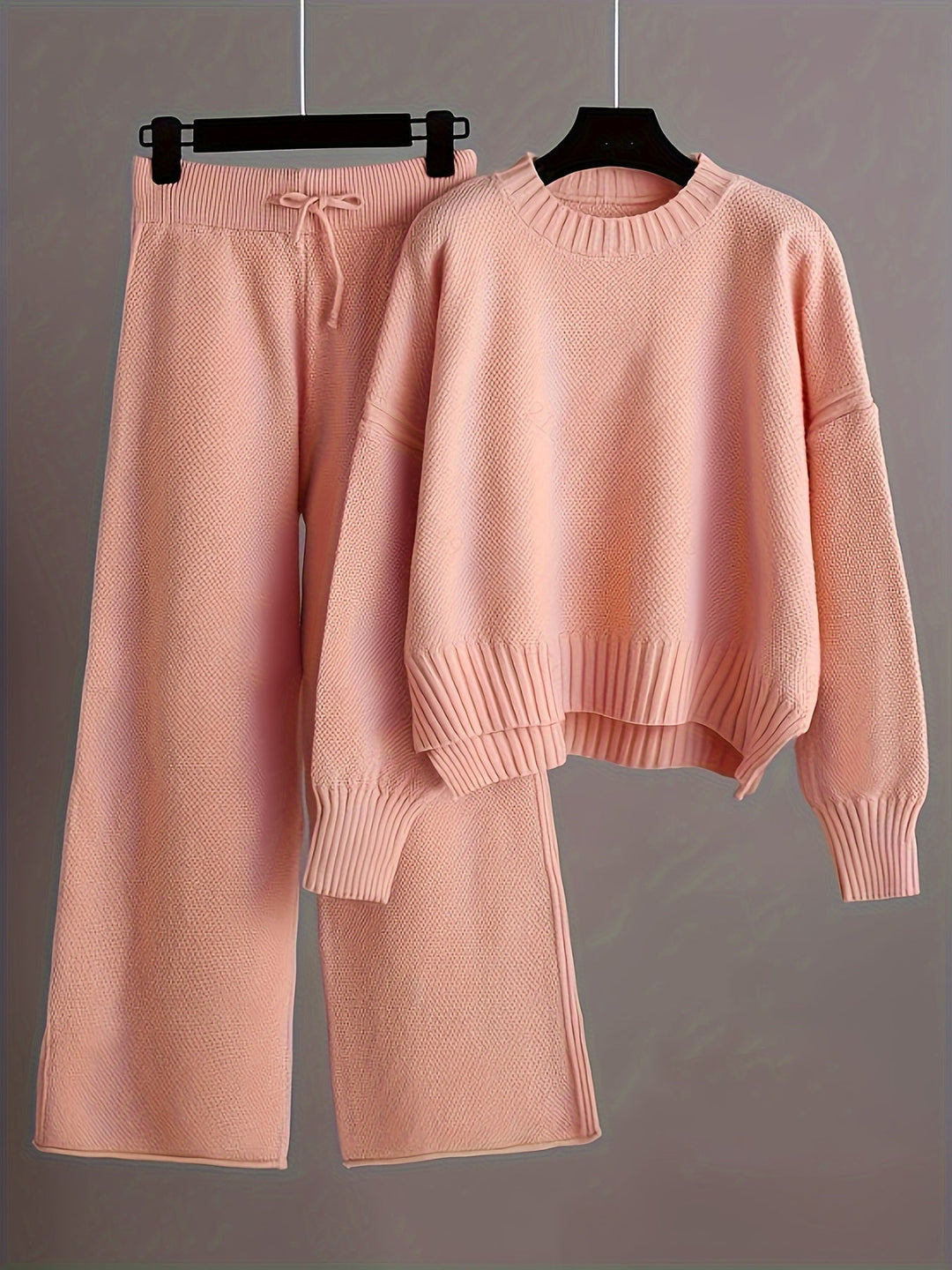 Light pink knit sweater and wide-leg trousers loungewear set