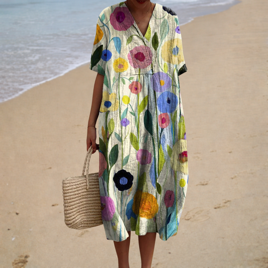 Floral summer dress with V-neck and short sleeves, multicolor print